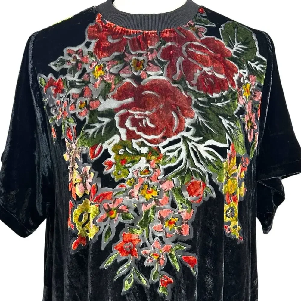 Free People Bohemian Sweet Echoes Black Floral Velvet Devore Tunic Dress Small